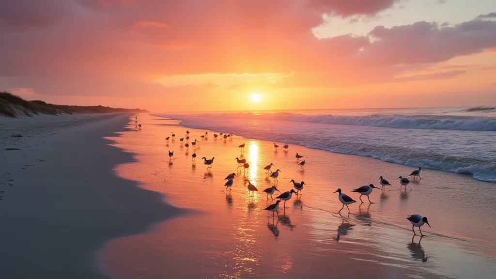 Texas coastline at sunrise with shorebirds