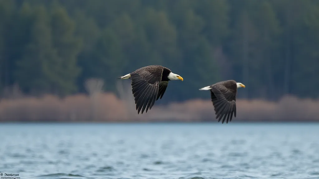 Bald Eagle soaring over a lake