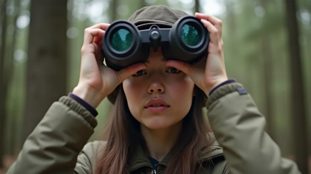 Beginner bird watcher looking through binoculars
