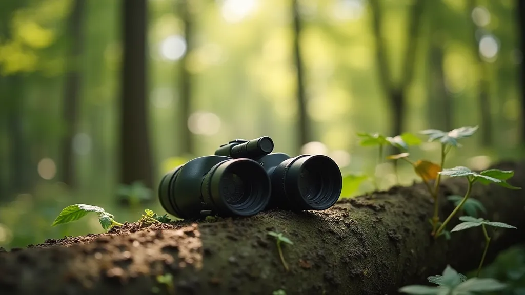 Binoculars resting on a log
