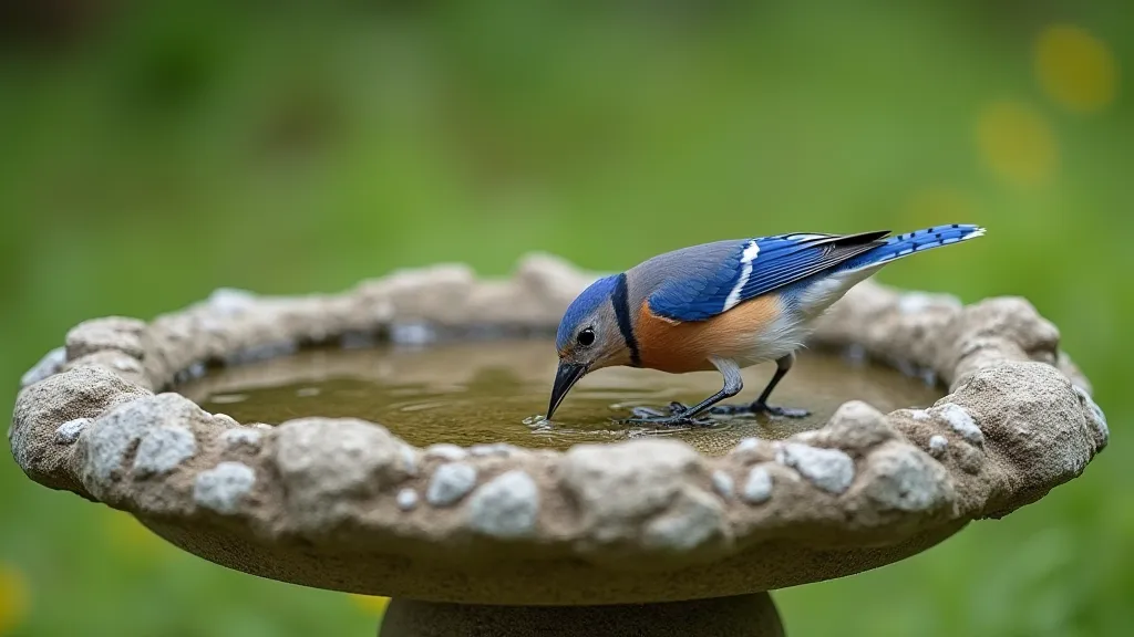 Bird taking a drink from a bird bath