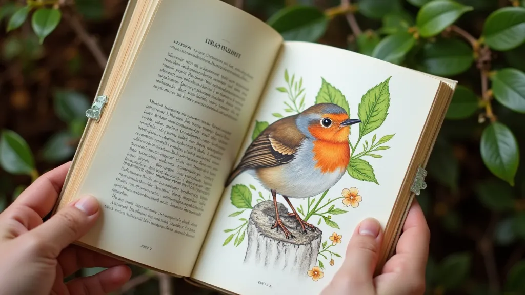 Field guide open to robin illustration