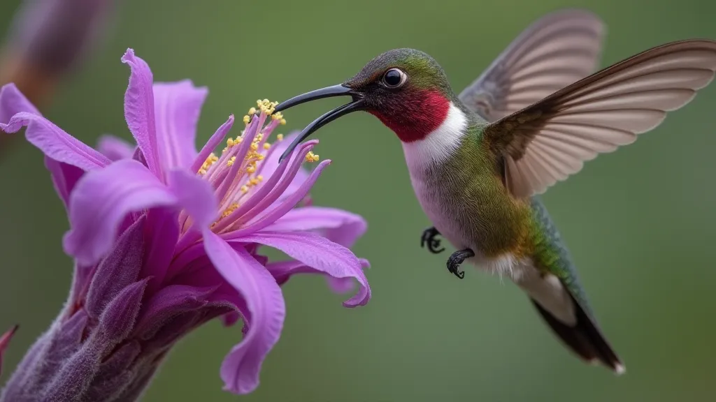 Hummingbird extending its tongue into a flower