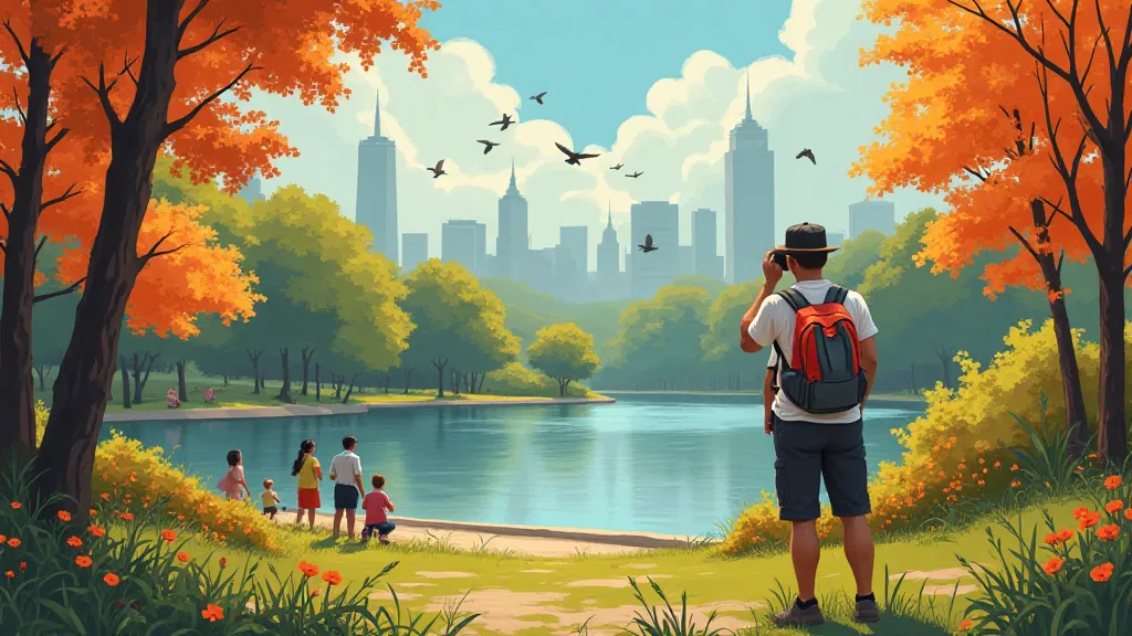 Birdwatcher in a city park observing birds