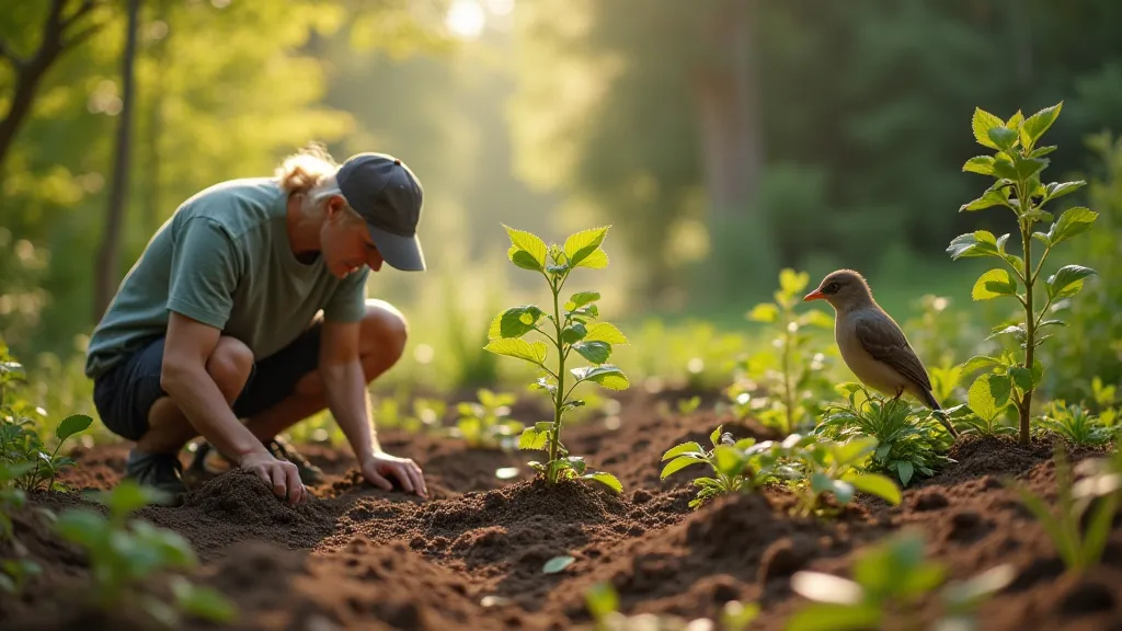 A person planting a native seedling