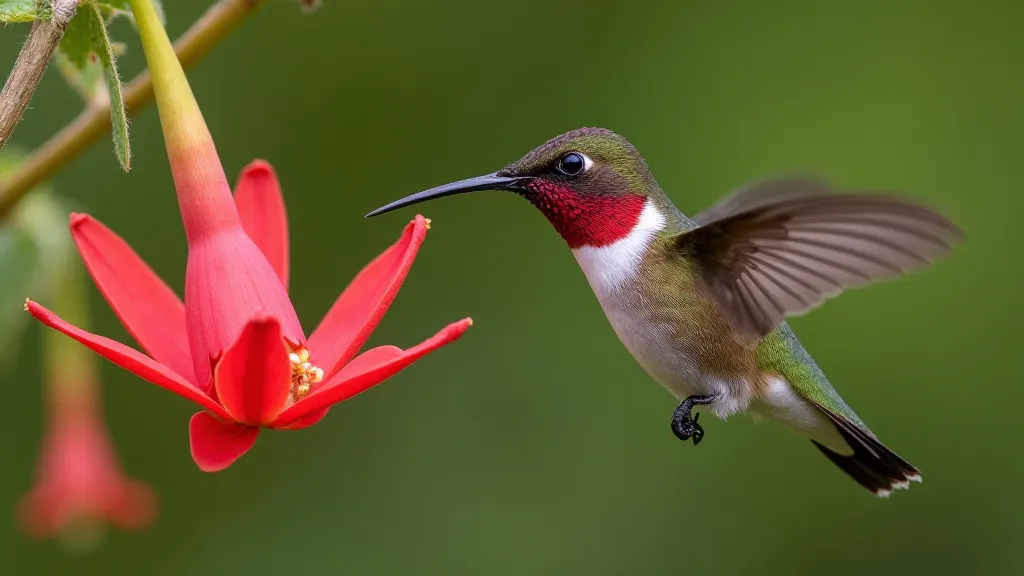 Male Ruby-throated Hummingbird hovering near a flower